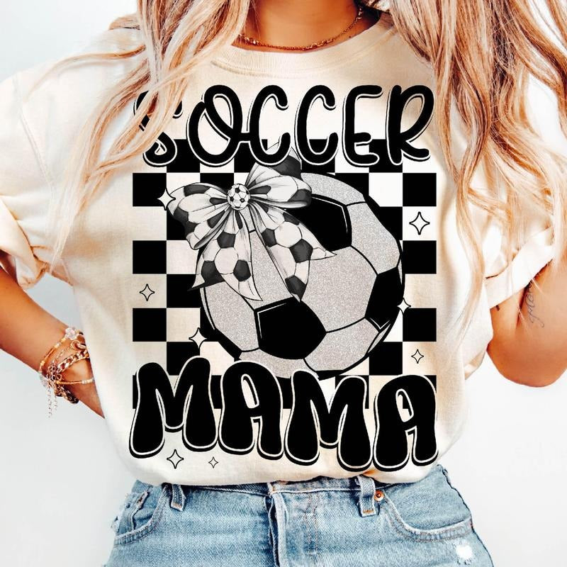 Retro Soccer Mama T-Shirt, Soccer Mama T-Shirt, Game Day Soccer Bow Shirt, Checkered Soccer T-Shirt, Soccer Mom T-Shirt...