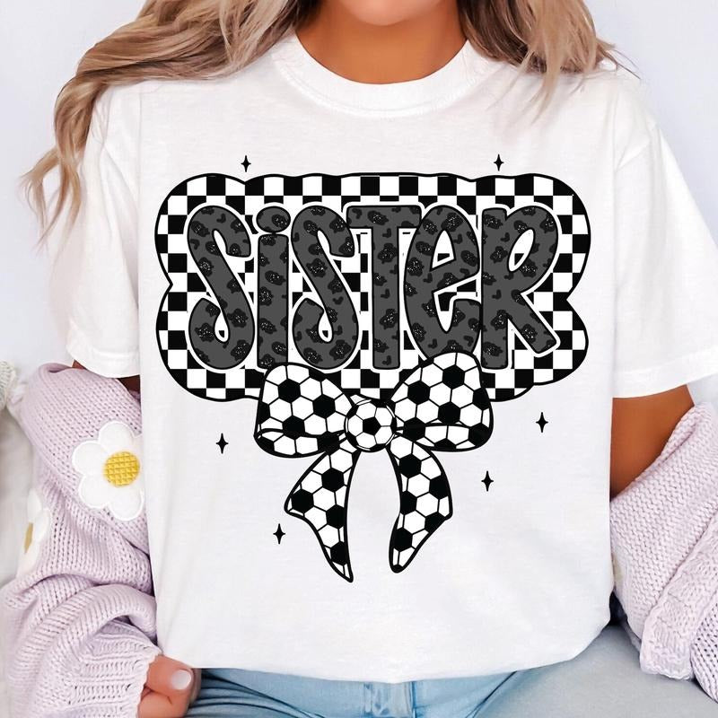 Retro Soccer Sister T-Shirt, Soccer Sister T-Shirt, Soccer Coquette T-Shirt, Game Day Soccer Bow T-Shirt, Checkered...