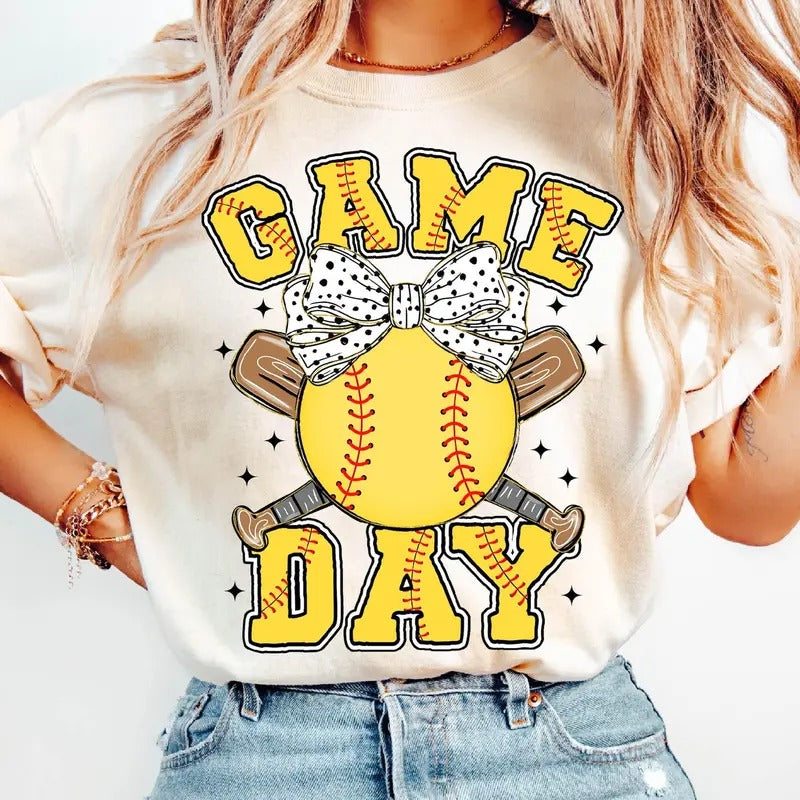Retro Softball Game Day T-Shirt, Funny Softball T-Shirt, Softball Lovers Shirt, Softball Mama Shirt, Sports Coquette Bow...