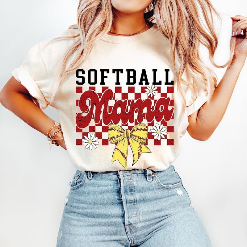 Retro Softball Mama Checkered T-Shirt, Softball T-Shirt, Softball Mom, Game Day T-Shirt ,Checkered Mama , Softball Bow,...