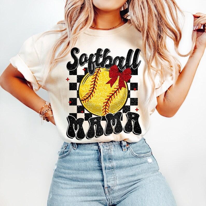Retro Softball Mama Coquette,Softball, Softball Coquette, Game Day, Softball Mom, Checkered Softball Bow Tshirt Hoodie,...