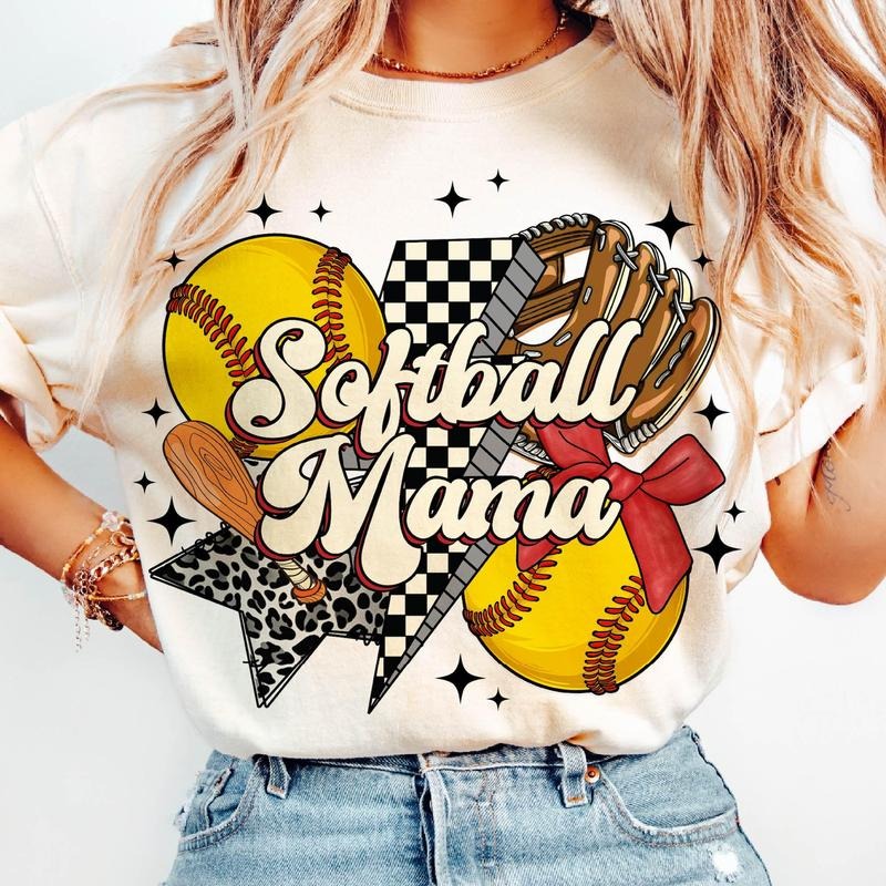 Retro Softball Mama T-Shirt, Softball Mama T-Shirt, Softball Coquette T-Shirt, Game Day Softball Bow T-Shirt, Checker...