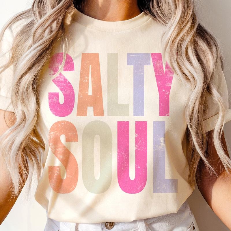 Retro Summer Salty Soul Pastel Graphic Tee Distressed Beach Tan and Tipsy Tshirt Sweet Summer Time Top Chasing Sunshine...