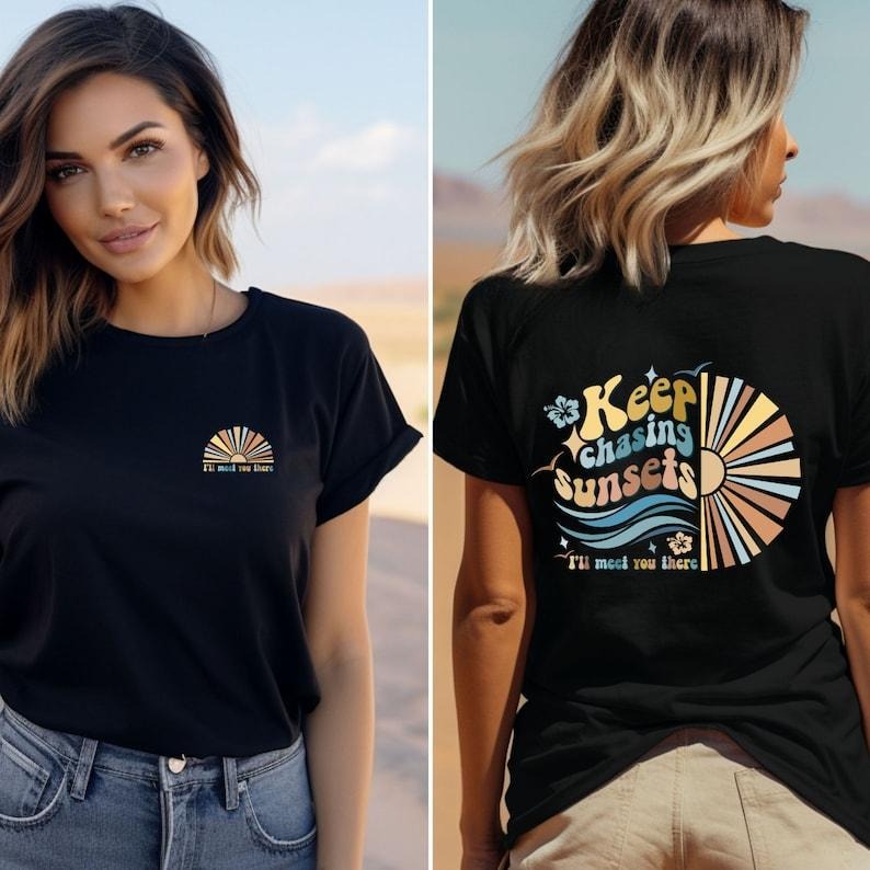 Retro Summer Vibes Chasing Sunsets Shirt | Wanderlust Sunset Tee | Sunset Beach Vacation Shirt | Trendy Sunset Retro...