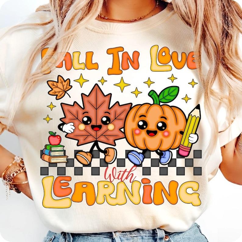 Retro Teacher Fall Shirt, Fall in Love with Learning Tshirt, Groovy Pumpkin Teacher Tee, Thanksgiving Autumn School Shirt...