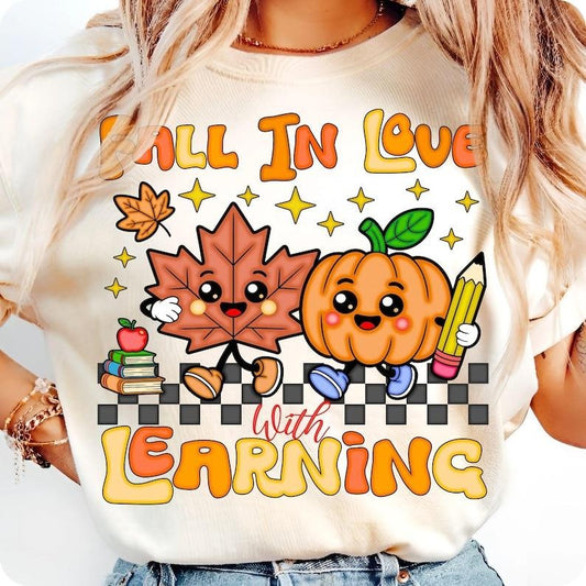 Retro Teacher Fall Shirt, Fall in Love with Learning Tshirt, Groovy Pumpkin Teacher Tee, Thanksgiving Autumn School Shirt...