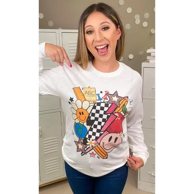 Retro Teacher Vibes Graphic Long Sleeve T-Shirt Hoodie, Sweatshirt | WearSparks.com