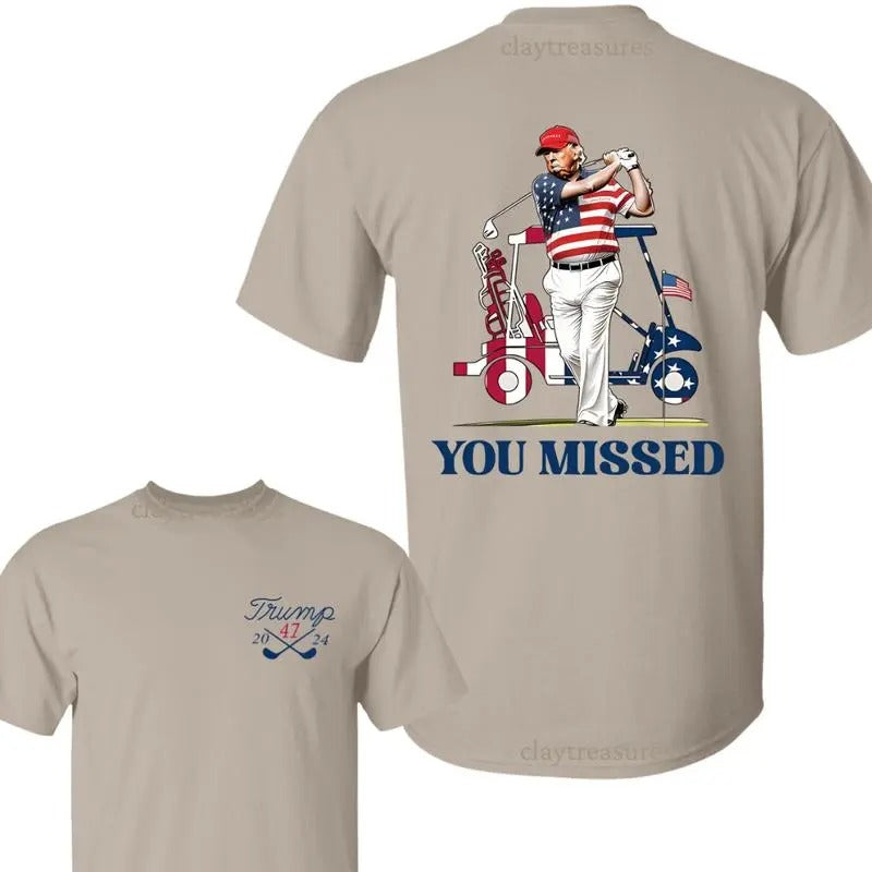 Retro Tr4mp Playing Golf T-shirt, Tr4mp Make American Great Again You Missed 2 sides T-shirt Cotton Menswear Hoodie,...