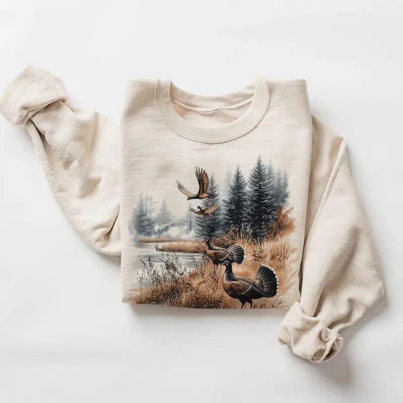 Retro Turkeys Wilderness Pond Fall Sweatshirt - 90s Vintage Wild Game Birds