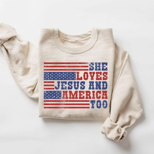Retro USA Sweatshirt, She Loves Jesus And America Too t shirt, Womens USA Crewneck hoodie, USA Shirt, America Sweatshirt,...