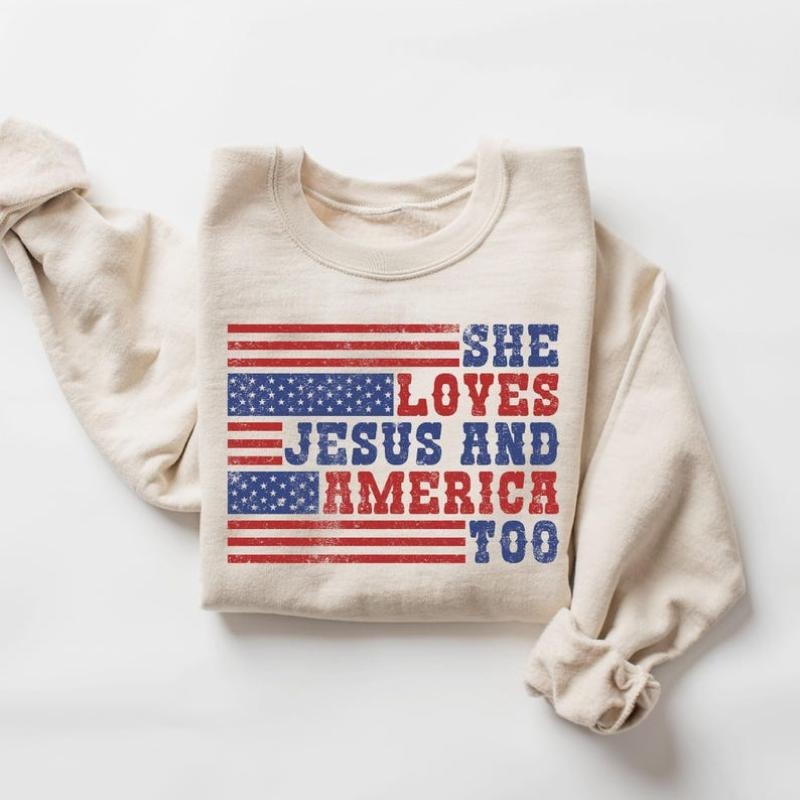 Retro USA Sweatshirt, She Loves Jesus And America Too, Womens USA Crewneck Sweatshirt, USA Shirt, America Sweatshirt, 4th...