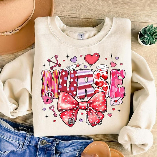 Retro Valentine Nurse Coquette Bow Sweatshirt , Cupids Favorite Nurse , Nurse Valentines , Valentines Day T-Shirts, Hoodie
