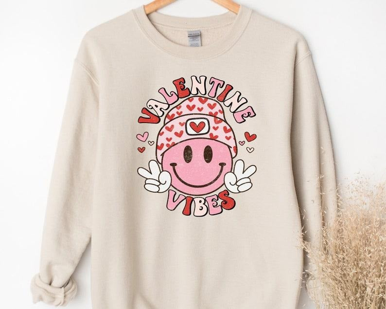 Retro Valentine Vibes, Valentines Face Happy Sweatshirt, Cute Face Sweater, Valentines Gift, I Love You  Hoodie and...