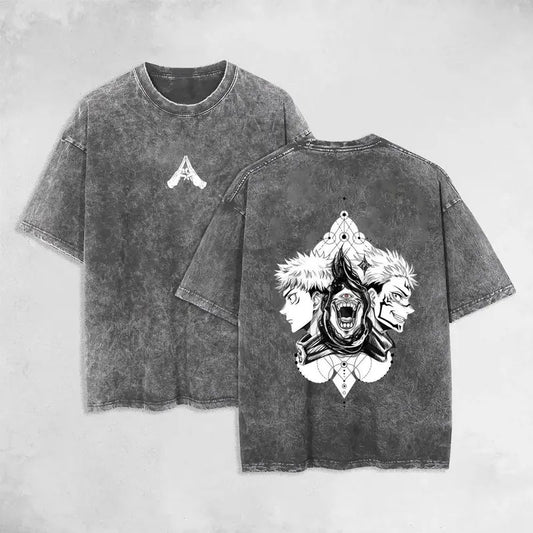 Retro Vintage Sukuna JJK Evolutions Jujutsu Kaisen Anime Double Printed Oversized Washed T-Shirt  Unisex Mineral Anime...