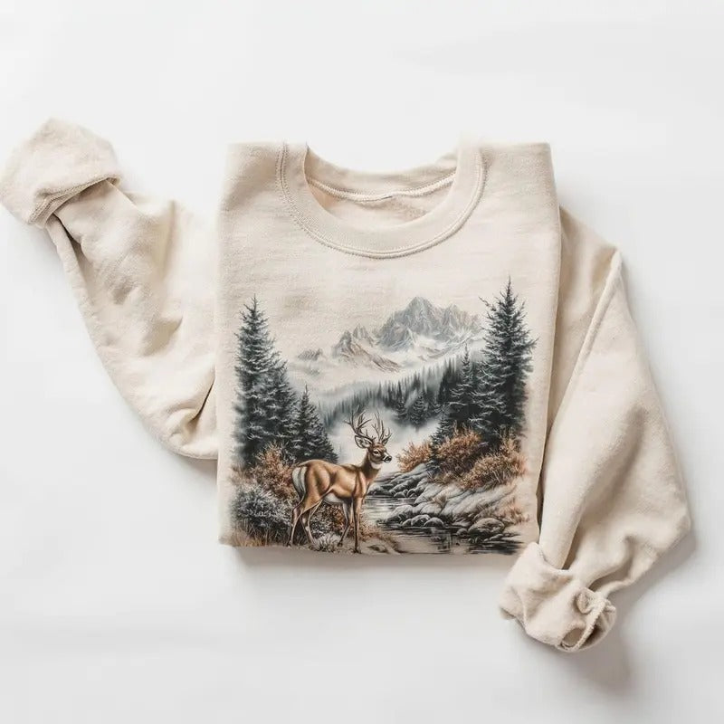 Retro Whitetail Buck Deer Winter Mountain Scene Sweatshirt - Nineties 90s Vintage Deer Nature Lover Outfit - Boho Unisex...