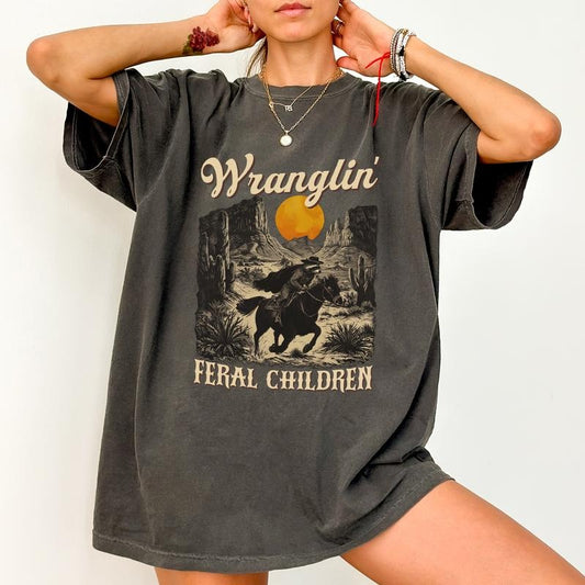 Retro Wranglin' Feral Children Comfort Colors Shirt, Vintage Raccoon 90s Western Unisex T-shirt, Funny Meme Cowboy...