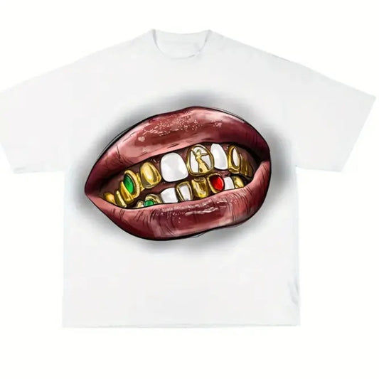 Retro Y2K Cotton T-Shirt with Bold Golden Teeth Graphic
