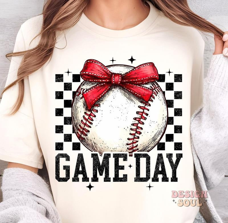 Retro game day baseball T-Shirt, baseball mama T-Shirt, baseball coquette T-Shirt, checkered baseball T-Shirt, baseball...
