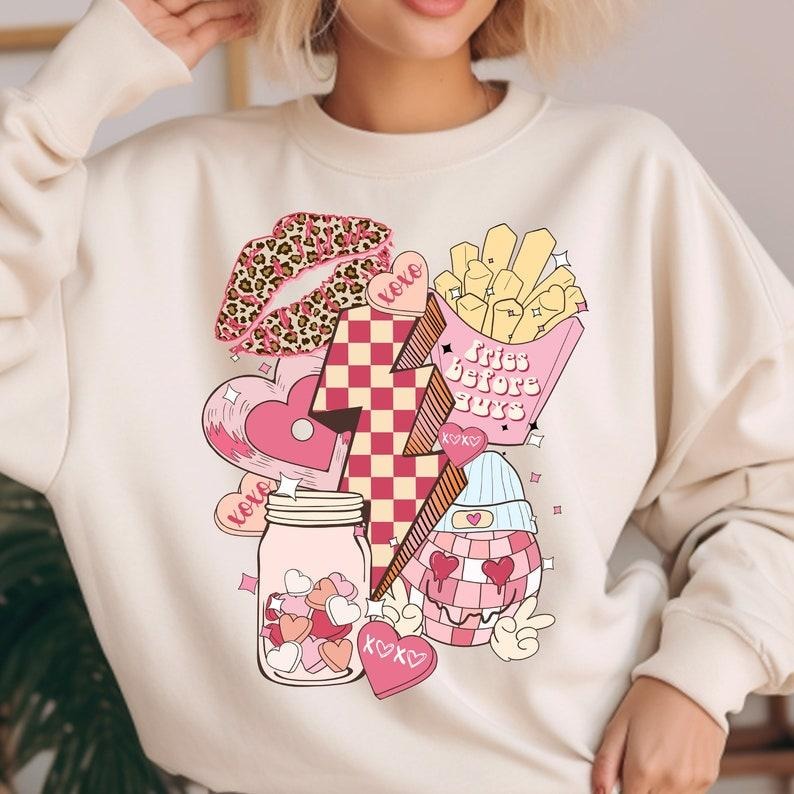 Retro valentine Sweatshirt,fries before guys Sweatshirt, valentine disco ball Sweatshirt, valentine lips Sweatshirt,...