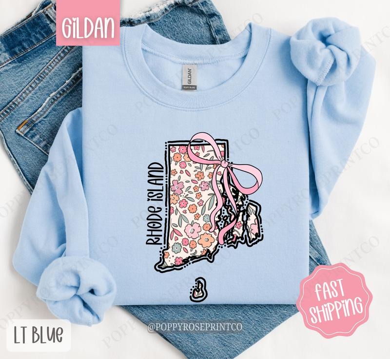 Rhode Island Floral Bow Gildan Sweatshirt, Cute Trendy State Coquette Pullover T-Shirts, Hoodie | WearSparks.com