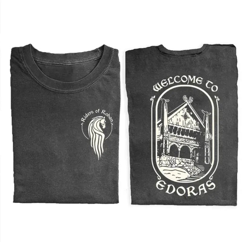 Riders of Rohan Vintage Welcome to Edoras Graphic Tee - JRR Tolkien Movie Shirt - Casual Crewneck T-Shirt with Movie...