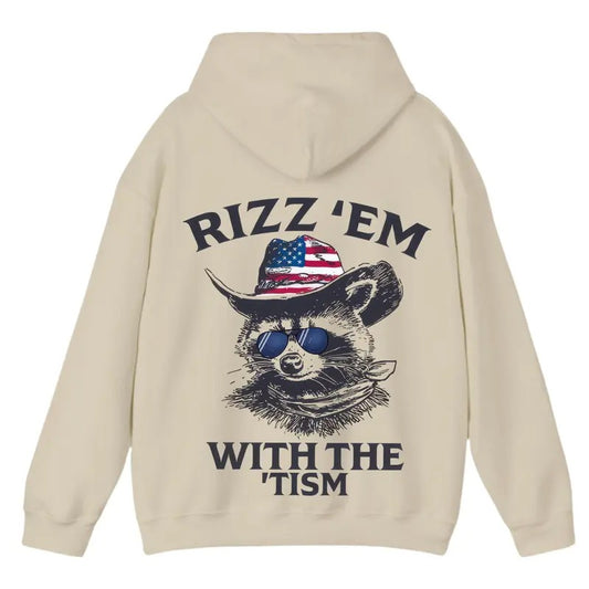 Rizz 'Em With The 'Tism Hoodie - Funny Raccoon Cowboy Graphic Pullover, Unisex Streetwear Aesthetic, Trendy Thermal...