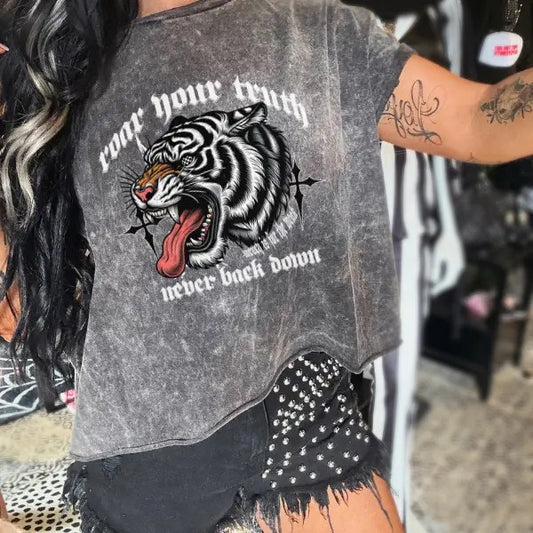 'Roar Your Truth, Never Back Down' Light Grey Mineral Wash T Shirt Aesthetic Pullover | Punk Rocker Style Hoodie, Sweatshirt
