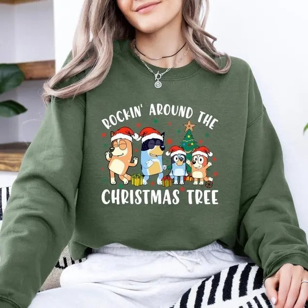 Rockin' Around The Christmas Tree Blue Dog Family Crewneck Sweatshirt , Family Matching Christmas T Shirts , Cute Cartoon...