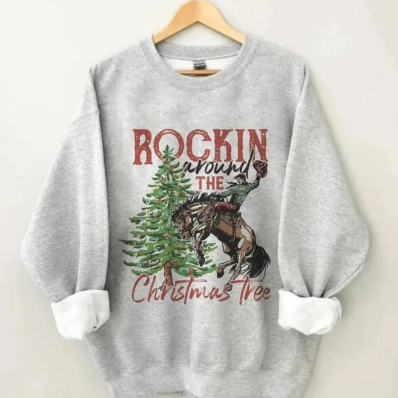 Rocking Around The Christmas Tree Sweatshirt,Retro Christmas Western Shirt,Cowboy Christmas Shirt,Yee Haw Howdy...
