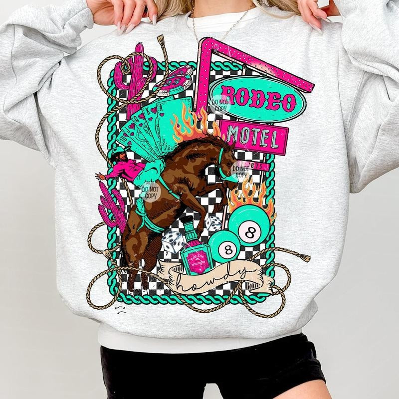 Rodeo Motel Sweatshirt, Western Cowboy Sweatshirt, Neon Wild West Sweatshirt, Checkered Rodeo, Vintage Country Aesthetic,...