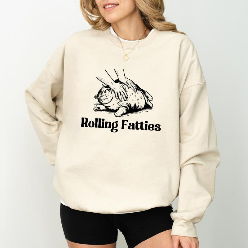 Rolling Fatties Cat Sweatshirt, Funny Fat Cat Graphic Sweater, Cat Lovers Gift Ideas, Cute Kitten Crewneck, Sarcastic...