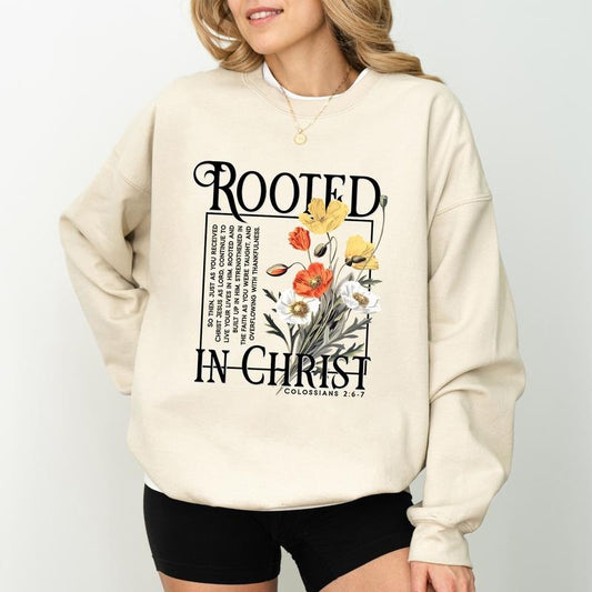 Rooted In Christ Sweatshirt, Floral Christian Sweaters, Religious Cute Christian Pullover, Christian Bible Verse Long...