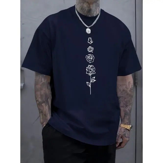 Rose Graphic Print Crew Neck Tee - Stylish Men's Short Sleeve T-Shirt for Outdoor Sports & Leisure Vacation