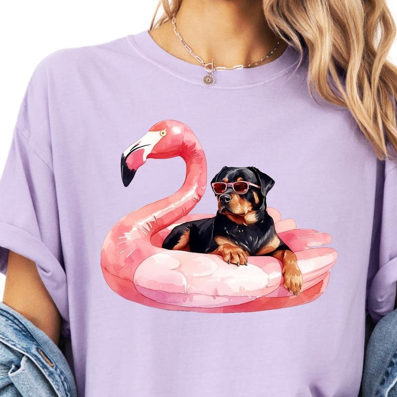Rottweiler Flamingo Float Dog Shirt ~ Unisex Apparel Relaxed Fit Printed In The USA Clothing Womenswear Casual Comfort...