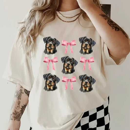 Rottweiler with bows Shirt ~ Unisex Apparel Relaxed Fit Printed In The USA Clothing Womenswear Casual Comfort Cotton Top...