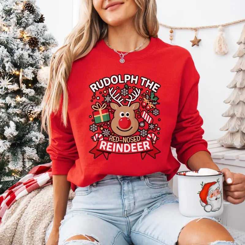 Rudolph the Red-nosed Reindeer Xmas Family Sweatshirt,Christmas Frosty the Snow Man Sweatshirt, Frosty's Snowflake...