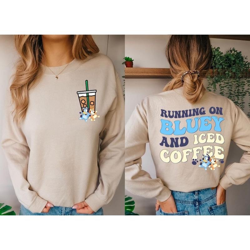 Running On Bluey & Ice Coffee Sweatshirt, Coffee Lover Bluey Shirt, Bluey Ice Coffee Sweatshirt, Blue Dogs Iced Coffee...