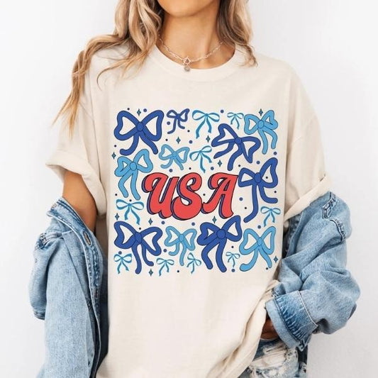 [SALE UP TO 60%] Coquette Patriotic USA T-Shirt Sweatshirt, 4th of July And Memorial Day Retro Tee, Girly American Flag...