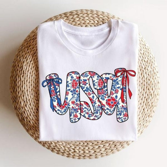 [SALE UP TO 60%] Cute Coquette 4th of July T-Shirt Sweatshirt, Memorial Day USA Tee for Women, Retro Floral Flag Shirt,...