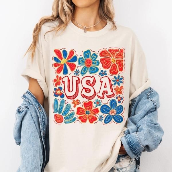 [SALE UP TO 60%] Cute Girly Coquette T-Shirt Sweatshirt, Memorial Day and 4th of July Tee, Floral America Graphic, Retro...