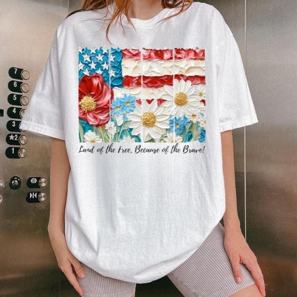 [SALE UP TO 60%] Cute USA Flag T-Shirt Sweatshirt, Memorial Day and Independence Day Shirt, Floral Red White Blue...