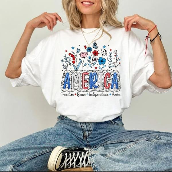 [SALE UP TO 60%] Floral Brushstroke USA T-Shirt Sweatshirt, Memorial Day and 4th of July Tee for Women, Retro Patriotic...