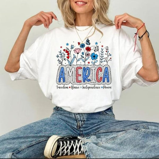 [SALE UP TO 60%] Floral Brushstroke USA T-Shirt Sweatshirt, Memorial Day and 4th of July Tee for Women, Retro Patriotic...