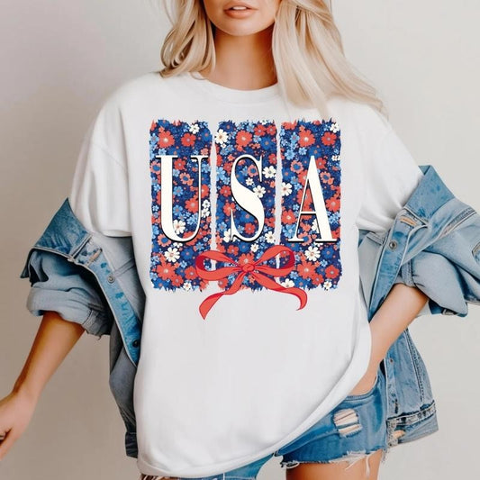 [SALE UP TO 60%] Floral USA Coquette T-Shirt, Sweatshirt, Memorial Day & 4th of July Graphic, Preppy America 1776 Land of...