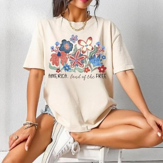 [SALE UP TO 60%] Land of the Free Because of the Brave Shirt, 4th of July & Memorial Day Tee, Floral America T-Shirt...