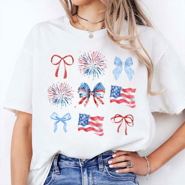 [SALE UP TO 60%] Red White Blue Coquette Tee, Memorial Day & 4th of July T-Shirt Sweatshirt, Girly America Graphic Shirt,...