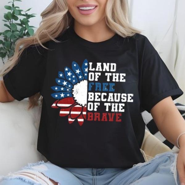 [SALE UP TO 60%] USA Sunflower Flag T-Shirt Sweatshirt, Land of the Free Tee, Memorial Day And  4th of July Patriotic...