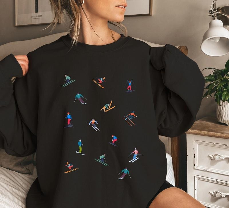 SKIING SWEATSHIRT, Ski Print Crewneck, Winter Pullovers, Cute Skier Sweatshirt, Snowboarding, Winter Sports Gift Tops...
