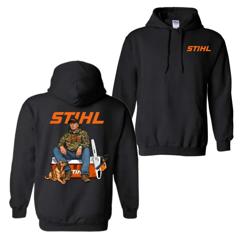 STIHL Trump 2 Sided Hoodie Sweatshirt T-Shirt, Camo Workwear Shirt, Trump with Chainsaw Graphic Tee, For Men And Women,...