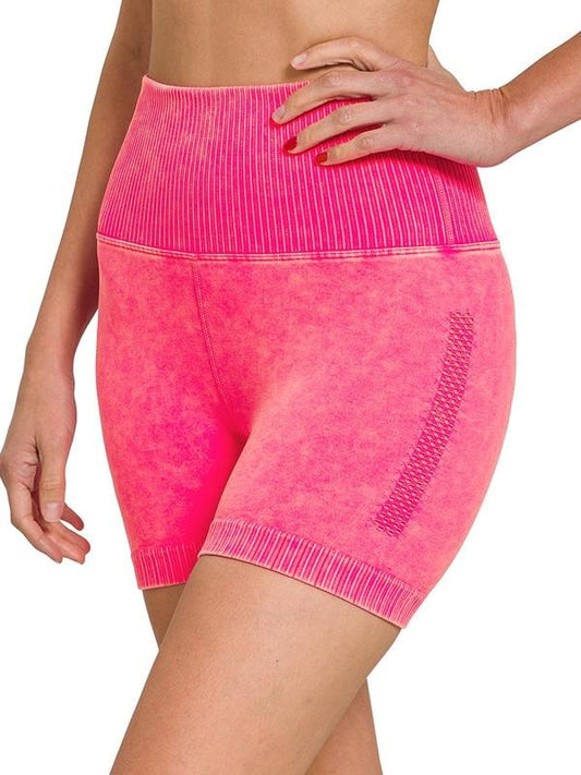 STONE WASHED SEAMLESS HIGH WAISTED SHORTS, Distressed Biker Shorts for Women, Acid Washed Seamless Ribbed Bike Shorts...